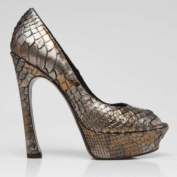 Yves Saint Laurent Grey Python Palais Peep Toe Pumps Size 7.5/38 - Picture 3 of 5